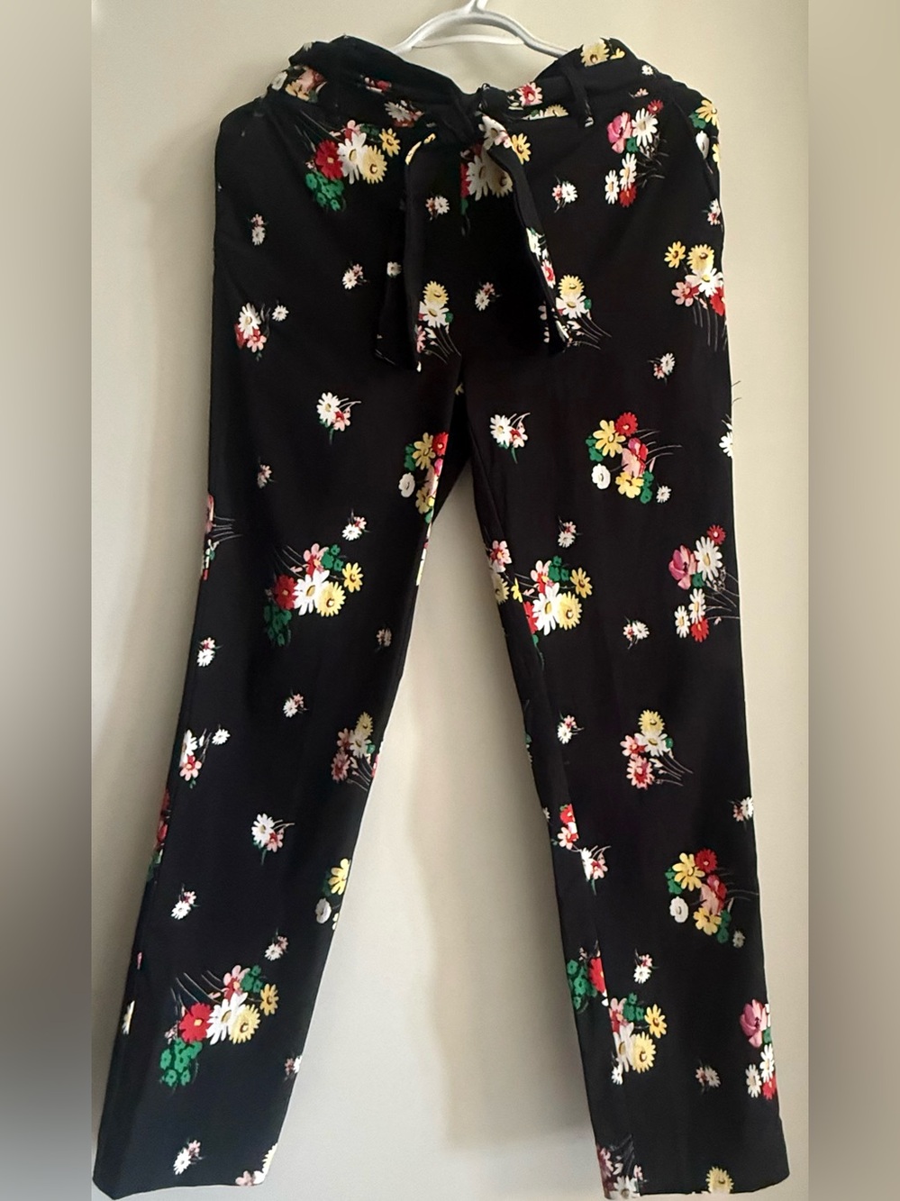 Floral Straight Leg Tie Waist Pants – Small Black Women's Trousers
